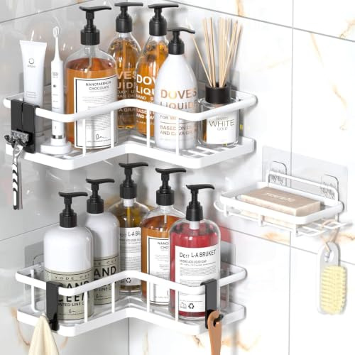 YASONIC Duschablage Ecke, Duschablage ohne Bohren Badezimmer Organizer, verdicktes Duschregal ohne Bohren mit großer Kapazität, Shampoo Halterung für Dusche mit 4 abnehmbaren Haken 3 Stück, Weiß
