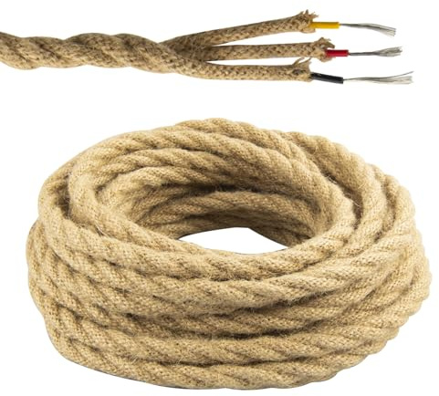 URCIANOW 10M Cavo Elettrico Corda Vintage 3 Fili 3x0,75mm² Giallo | 10M, Cavo Corda Canapa Retrò, Con Messa a Terra, Per Lampade e Lampadari, Progetti Fai da Te