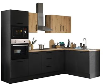 TURIN LBM Eckküche Winkelküche Artisan Eiche Optik Schwarz 270 x 211 x 60cm | Küche ohne Küchengeräte, L-Form, L-Küche, Einbauküche ohne Elektrogeräten, geräumig, mit viel Stauraum, modernes Design