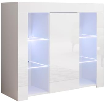 MB Muebles Bonitos, Buffet Lilian pour Salon et Salle à Manger avec Lumière LED, Meuble en Mélamine Brillante, Couleur Blanc, 94x83x35 cm