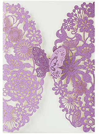 Hosmsua 50x Personalisierte Violett Schmetterling Flora Hochzeit Einladungskarten mit Umschlag Laserschnitt Einladungen für Geburtstag Verlobung Hochzeit Einladung (lila Glitzer)