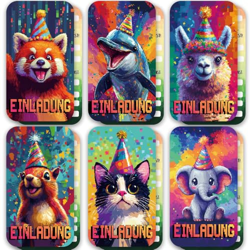 ZELAITE 12 Stück EINLADUNGSKARTEN KINDERGEBURTSTAG Mädchen Junge, Tier Einladungskarten, 6 Tier Motiven geburtstagseinladungen inkl. 12 Briefumschläge (B)