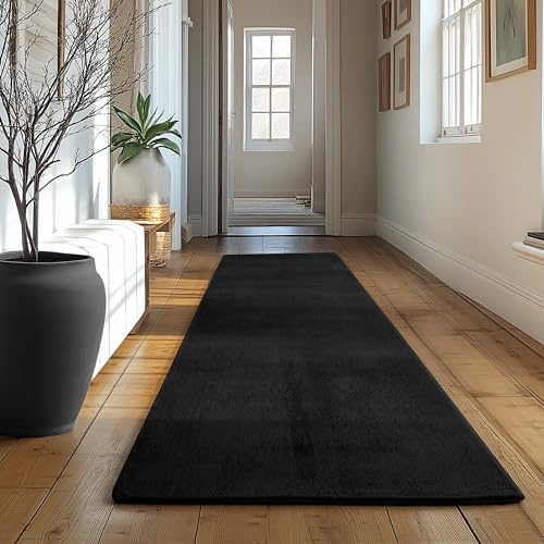 SIMPEX Läufer Teppich Schwarz 80x250 cm Waschbarer Kurzflor Teppich, rutschfest & weich, modernes einfarbiges Design für Schlafzimmer, Küche & Flur