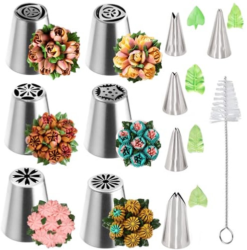 Russian Piping Tips Set, 12 Pcs Russian Piping Nozzles Stainless Steel Flower Frosting Nozzles and Leaves Icing Piping Tips for Cake Decorating DIY Cupcakes Dessert