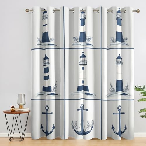 SZLYZM Vorhänge Leuchtturm Anker, Verdunkelungsvorhang 2er Set - Vorhang Blickdicht Nautisch Maritim Muster, Thermovorhang für Deko Wohnzimmer Schlafzimmer, Gardinen mit Ösen 220x140 cm (HxB) M-&E191