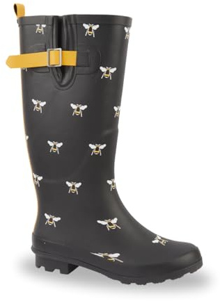 Womens Ladies Wellies Rubber Rain Boots Wellingtons Short & Tall Dog Paw Skull Festival Snow Buckle Adjustable (Black Tall Bumble Bee, UK Footwear Size System, Adult, Women, Numeric, Medium, 7)