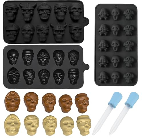 Xbessc 3 Stück Halloween Totenkopf Backform Silikonform 35 Hohlräume | Totenkopf Schokoladenform 3D Eiswürfelform DIY Backformen mit 2 Dropper für Schokolade Candy Gelee Pralinen Eiswürfel Seifen