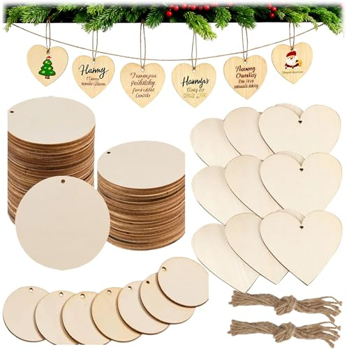 60 Stück Holzanhänger mit 100 Seilen, Kreis und Herz Holzherzen, Holzherzen Zum Beschriften für Diy Handwerk, Holzherz für Tischdeko Hochzeit Geburtstag Weihnachten