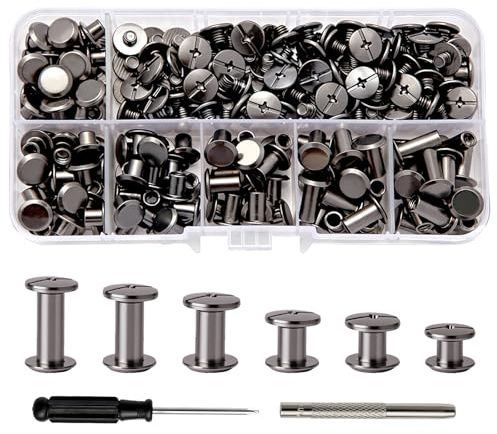 Solaverano 110 Piezas Remaches de Tornillo, Tornillos de Encuadernación M5 | 4/5/6/8/10/12mm Remaches para Cuero, Tornillo Chicago Remache para Cuero de Bricolaje Cinturón de Cuero bolsa de ropa Libro