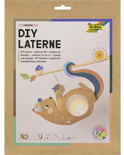 folia 95302 - DIY Laterne SQUIRREL, ca. 22,5 x 26,5 x 6 cm - Laternen Bastelset gestaltbar als Eichhörnchen, inkl. LED Licht, 2 Batterien und Klebepad