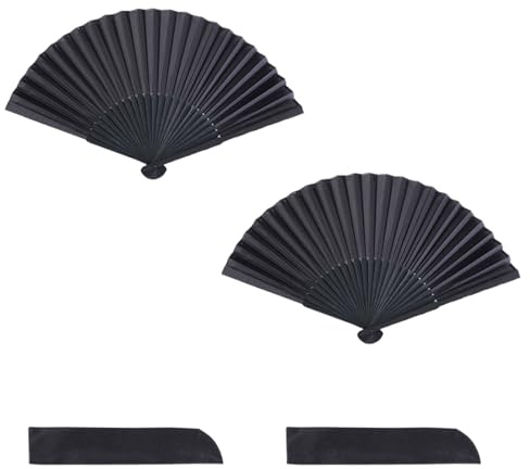 Dreamil 2 Stück Schwarz Handfächer Faltbare, Chinesische Hand Fächer Orientalischer Tuch Stoff Fan Taschenfächer Faltventilator für Festival Hochzeit Geschenke Party DIY Haus Dekoration Leistung Tanz