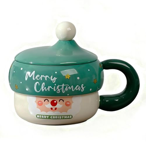 YJZQ Tasses à Café en Ceramique Mug Père de Noël avec couvercle 3D forme Bonnet de Noël 430ml Gobelet pour Lait Thé Chocolat Petit-Déjeuner
