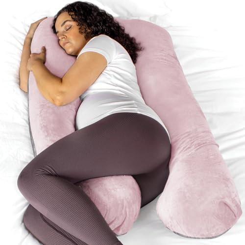 Aamira U Shaped Pregnancy Pillow, Memory Foam, Pink & Dark Grey | 130 x 75 x 20cm maternity pillow with shredded memory foam, full-body U-shape support and removable washable velvet cover.