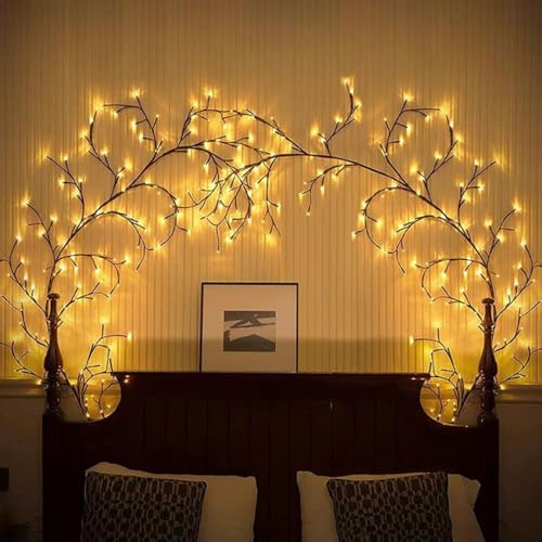LED Baumzweige Zweige Lichter, LED Lichterkette Willow Vine Wand Deko, 8 Modi, Warmweiss Rattan Lichterkette Wanddeko mit Fernbedienung für Schlafzimmer Deko Valentinstag (72LEDs, 1.5Meter)