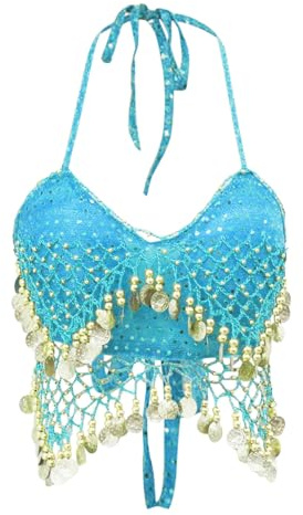 Generisch Pailletten Oberteil Damen Bauchtanz Kostüm Glitzer Oberteile BH mit Münzen Neckholder Rückenfrei Karneval Rave Festliche Party Glänzender Crop Top Latin Indian Fransen Dancewear Tanzkostüm