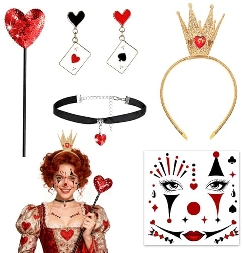 Saisver Königin Kostüm Zubehör – Queen of Hearts Kostüm Set mit Krone Haarreif, Herz Halskette, Ohrringe kartenspiel, Zauberstab & Gesichtstattoo für Karneval Kostüm Damen, Fasching & Cosplay