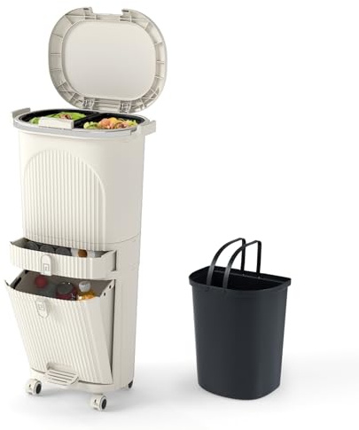 GOPLUS Poubelle Cuisine 42 L, Poubelle Tri Selectif à 3 Niveaux avec 2 Seaux Amovibles 12Lx2, Tiroir 4L, Compartiment Incliné 14L,Poignées, Pédale, Récipient Déchets (42L|1 Couvercles,Beige|4 Bacs)