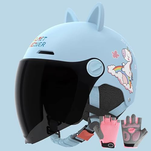Casco Per Ciclomotore Per Bambini, Omologato ECE 22.06, Casco Da Motociclista Con Visiera, Casco Da Scooter Per Bambini E Bambine Dai 3 Ai 12 Anni, Casco Jet Con Guanti G,48-55cm