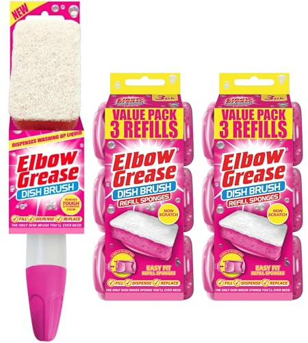 Washing up Brush Set - Handle Plus 7 Heavy Duty Sponge Refills. Washing Up Sponges Soap Dispensing Magic Handle, Super Scrubbing Kitchen Cleaner Scourer Bathroom Scrub Sponge Scraper Refill