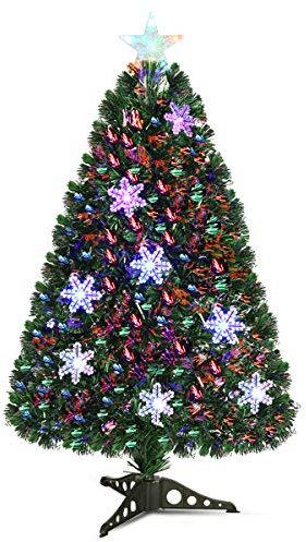 COSTWAY Albero di Natale 90/120/150/180 cm, Albero di Natale Artificiale con Luci LED, Rami Densi, Stelle Luminosi e Fibre Ottiche, Decorazione Natalizia per Casa, Ufficio e Negozio (90cm)