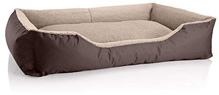 BedDog Hundebett Teddy, Hundesofa aus Cordura und Microfaser-Velours, waschbares Hundebett mit Rand, Hundekissen Vier-eckig, für drinnen, draußen, Größe XXL, braun-beige