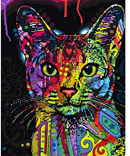 YEESAM ART Neuheiten Malen nach Zahlen Erwachsene Kinder, Bunte Katze 40x50 cm Leinen Segeltuch, DIY ölgemälde Weihnachten Geschenke (Katze 2, Mit Rahmen)