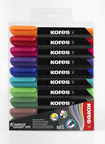 Kores - K-Marker XP2 : Marqueur permanent de couleur, pointe biseautée, encre imperméable et à faible odeur, pour toutes les surfaces, lot de 10 couleurs assorties