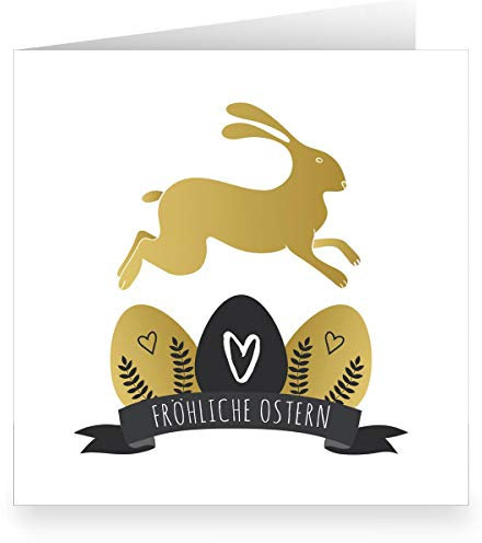 Kartenkaufrausch Schicke Osterkarte mit springendem Hasen in Gold Optik (quadratisch, 15,5x15,5cm mit Umschlag) fröhliche Ostern - große XL Glückwunsch-Karte