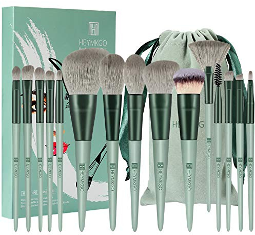 Makeup Brushes HEYMKGO 15pcs Premium Synthetic Bristles Green Conical Handle Kabuki Foundation Brush Makeup Sets Professional Portable Flannel Bag
