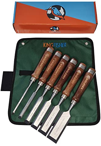KINGFISHER Stemmeisen Stechbeitel Set / 6 Beitel Stemmeisen/Schnitzwerkzeug mit praktischer und aufhängbarer Stofftasche/Aufbewahrungstasche/Für Anfänger und Profis/Für Holzarbeiten/Chisels