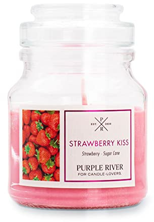 Purple River kleine Duftkerze im Glas mit Deckel | Strawberry Kiss | Duftkerze Fruchtig | Sojawachskerze | Raumduft für Zuhause | Geschenke für Frauen
