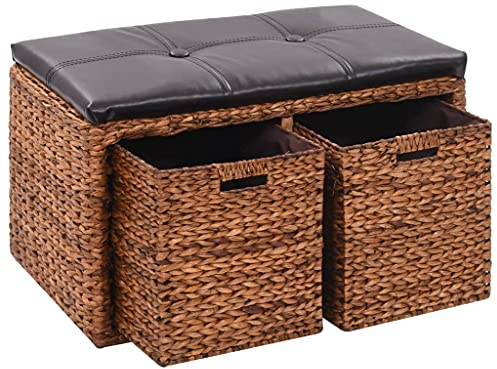 Kstyhome Sitzbank mit 2 Körben, Sitzhocker, Esszimmergruppe, Fußhocker, Sitzgruppe, Esszimmer, Küche, Wohnzimmer, Seegras 71×40×42 cm Braun