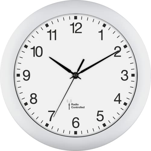 Eurotime Funkwanduhr, 30 cm, Kunststoffgehäuse, gewölbtes Echtglas, automatische Zeitein- und Zeitumstellung von Sommer- und Winterzeit, Wanduhr für Küche und Wohnbereich, weiß, 56780-00
