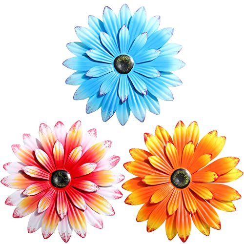 Hotop 3 Pcs Metal Flower Wall Art 3D Metal Daisy Wall Decor Multiple Layer Hanging Flower Rustic Farmhouse Boho Style Decorations for Indoor Outdoor Home Living Room Office Garden, 8 Inches(Vivid)