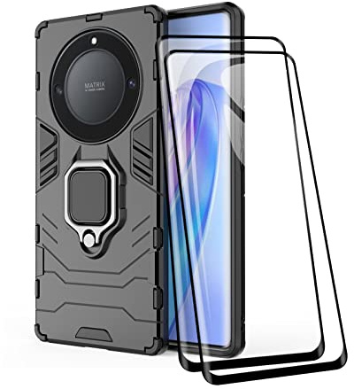 TEYYOS Funda + [2 Piezas] Protector de Pantalla para Honor Magic5 Lite 5G/Magic 5 Lite, TPU/PC Antigolpes Armor Protección Carcasa [360° Soporte] con 9H Dureza Vidrio Templado Protector, Negro