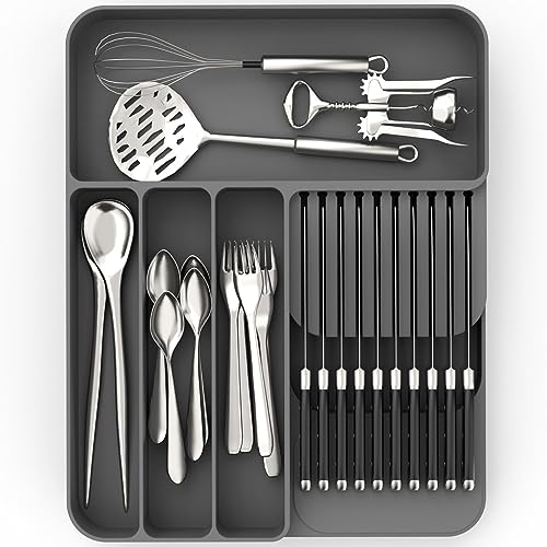 OUTXE Silikon-Schubladen-Organizer, rutschfester Utensilien-Organizer für Küchenschubladen, Besteckkasten mit extra Messerblock, 4 Fächer, Besteck-Organizer für Löffel und Gabel, Grau