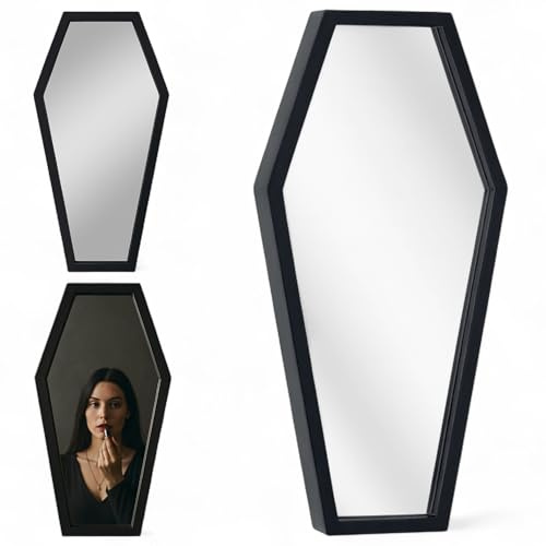 MIJOMA Sargspiegel für Gothic-Dekoration, Wandspiegel Sargform, Mattschwarz | Halloween-Deko, 38x18x1.2cm, Holzrahmen, Sarg Spiegel Ideal für Badezimmer & Schlafzimmer