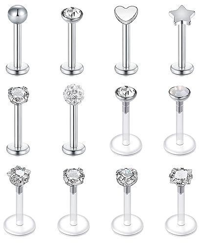 LAURITAMI 12stk Lippenpiercing Labret Stecker Bioflex 8mm 16G Medusa Monroe Flexibel Kunststoff Retainer Piercing Lippe
