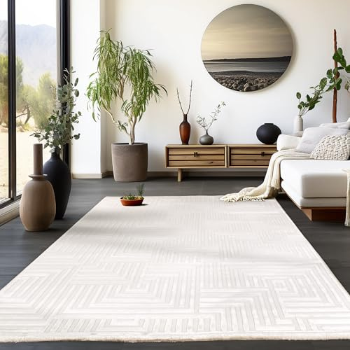 HomebyHome Kurzflor Teppich Läufer 80x150 cm Creme Modern Skandinavisch Boho Design Einfarbig 3D Effekt Weich Waschbar Pflegeleicht für Flur Eingang Küche Schlafzimmer