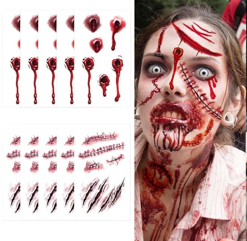 DERAYEE Halloween Tattoo Gesicht, 10 Blätter Halloween Tattoo Narben, Gefälschten Scab Blut Kratzern Tattoo für Karneval,Party