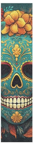 KAAVIYO Bunte Cyanfarbene Totenköpfe, Rosenblume Muster Skateboard Griptape rutschfest Selbstklebend Longboard Griptapes Aufkleber Griffband(9x33in,44x10in 1pcs)