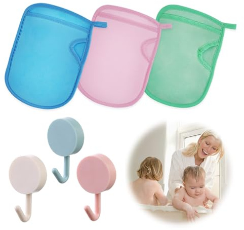 3 Stück Peelinghandschuh Körper, Schmerzfreies Exfoliating Gloves, Weiche Peeling Handschuh, Hamam Peelinghandschuh, Peeling Schwamm für Damen, Kinder, Familien, Kommt mit 3 Haken