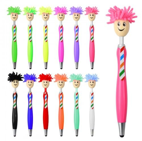 12 Stück Lustige Kugelschreiber für Kinder, Kugelschreiber mit Mop Topper, Microfaser Bildschirmreiniger Stifte, Weihnachtskugelschreiber, 3-in-1 Stylus für Büro, Schule, Geburtstag Kinder Party