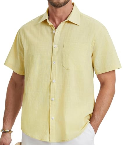 HISDERN linneskjorta herr kortärmad skjorta fritidsskjorta affärsskjorta sommarskjorta med bröstficka casual skjortor normal passform S–4XL, GUL, S