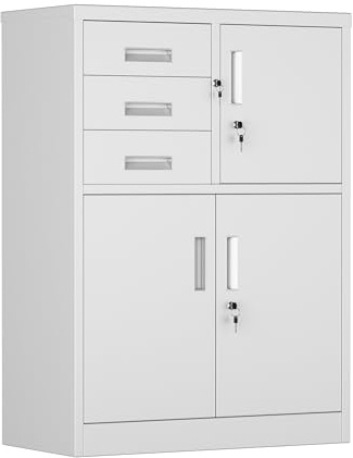 SUPEER Armadietto, Armadio in metallo con TRE cassetti, Armadietti di stoccaggio, Lamiera d'acciaio con finitura a polvere, Armadio in acciaio per attrezzi, ufficio, 110 x 80 x 40 cm (Bianco)