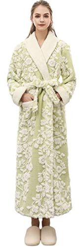 Accappatoio da donna in pile | Vestaglia lunga da donna UK calda vestaglia comoda abbigliamento da casa imbottita per più calore cardigan con tasche e cintura accappatoio invernale in pile, Verde, M