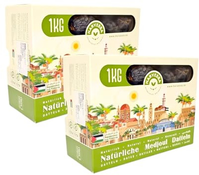 Premium Medjool Datteln 2KG aus Palästina | Medjoul Königsdatteln für Genuss und Energie | Natürlich & Ohne Konservierungsstoffe | Frisch & Vegan | Reich an Fruchtfleisch | Mit Stein | 2024 (2X 1KG)