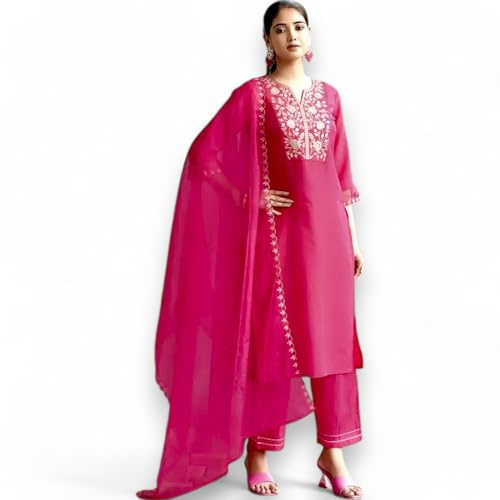 RangMahal - Set di pantaloni Kurta ricamati a mano in misto cotone puro da donna, Rosa, L