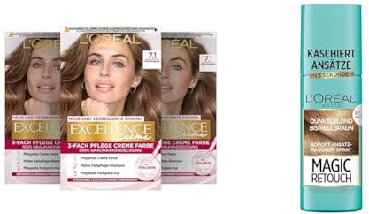 L'Oréal Paris Haarfärbe- und Ansatz-Kaschierset, 3x Permanente Haarfarbe Excellence Creme, Nr. 7.1 Mittelaschblond und 1x Ansatz-Kaschierspray Magic Retouch, Dunkelblond-Hellbraun, [Amazon Exclusive]