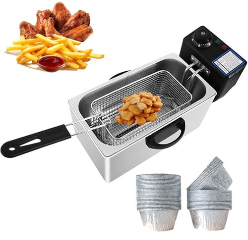 Electric Twin cylinder Deep Fryer, 4L Heavy Duty Stainless Steel Deep Fryer with 125 300ML Tin Foil Cups and Temperature Control, Single Tank Fat Fryer for Home Kitchen Commercial Uses